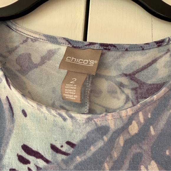Chico's Size 2 Blue Purple Knit 3/4 Sleeve Boxy Abstract Blouse Chico Size Large - Picture 2 of 12